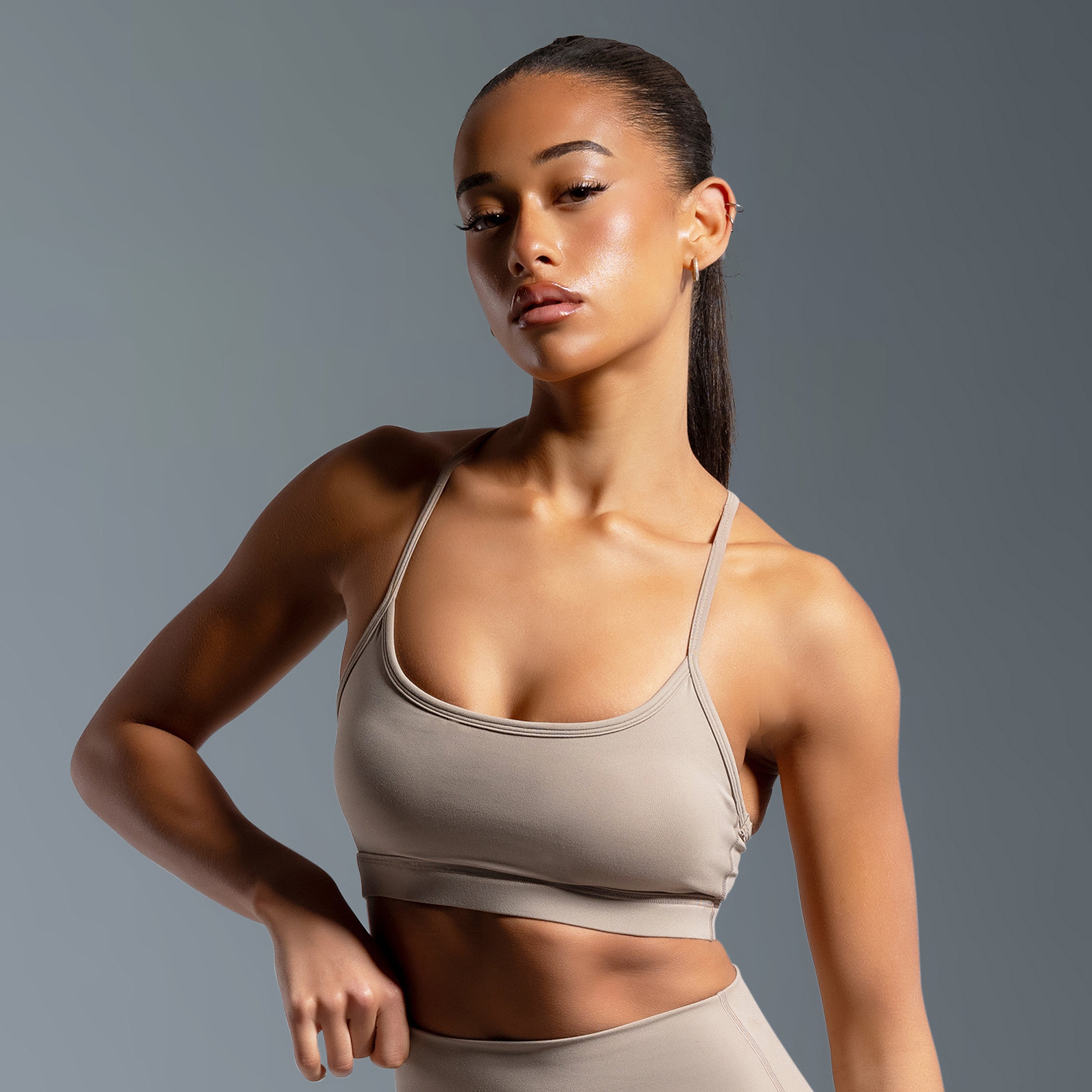 Beige Essential Racer Back Sports Bra