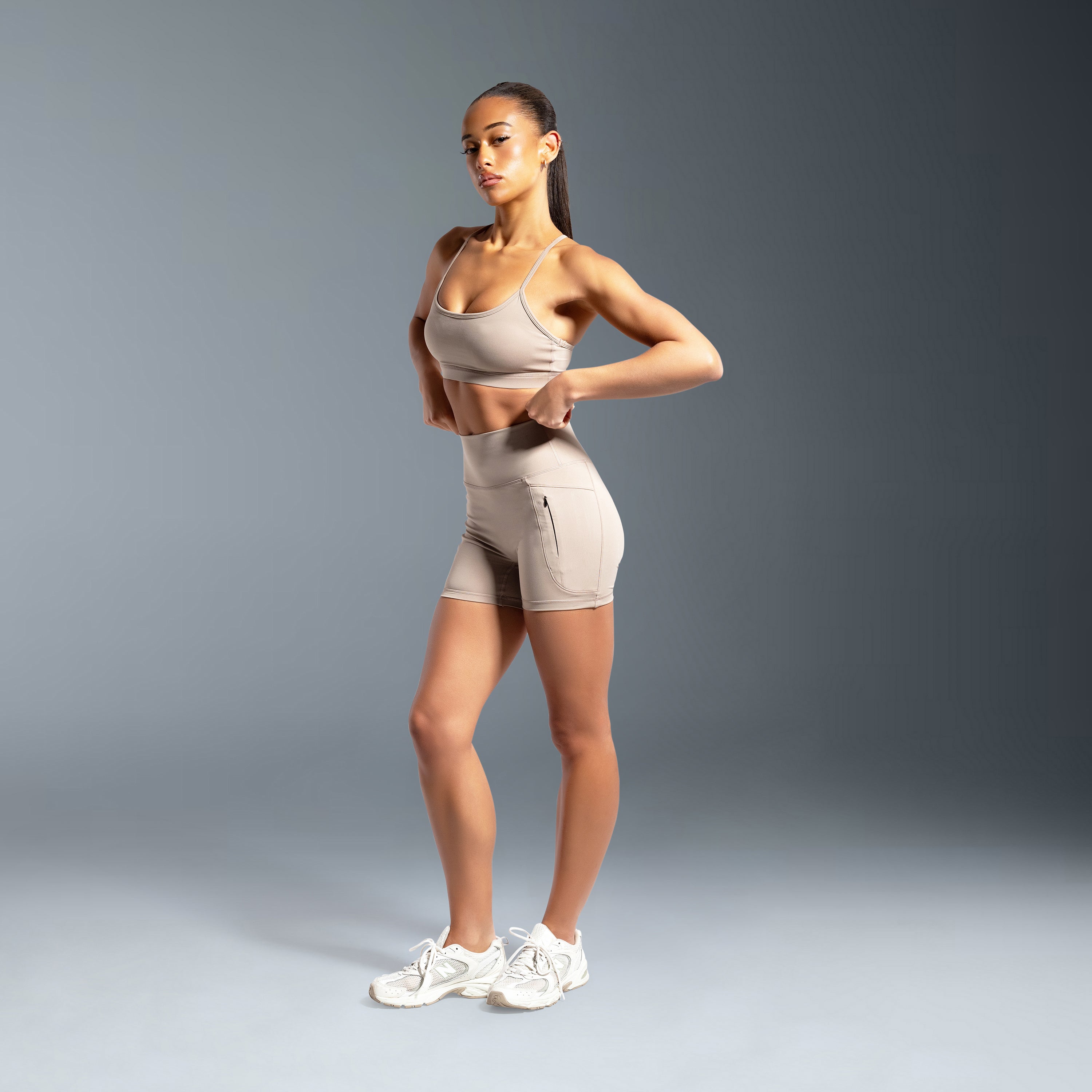Beige Essential High Waited Zip Shorts